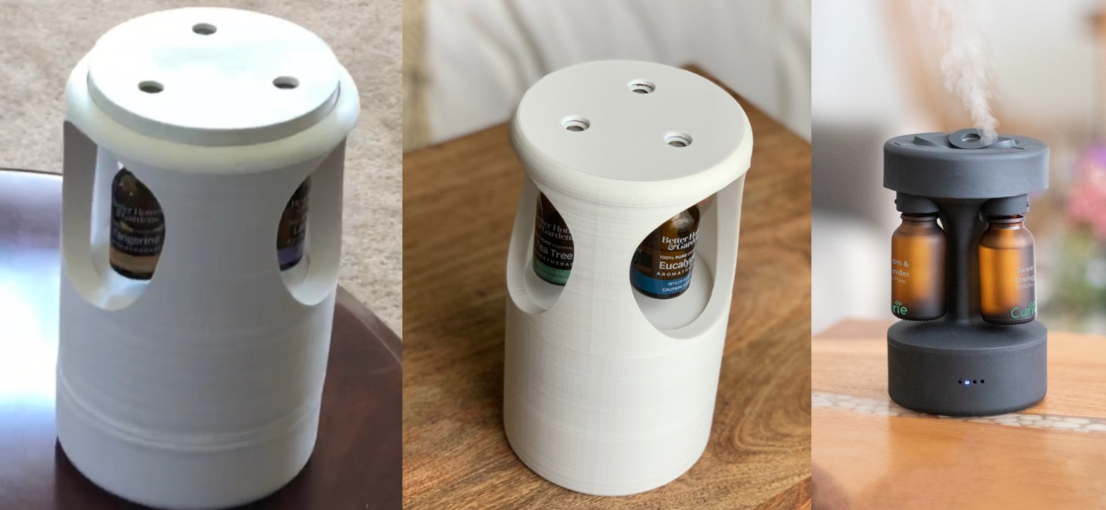 Three generations of Curie side by side: a rough white PLA print, a refined white print, and the final matte-black production unit with visible mist.