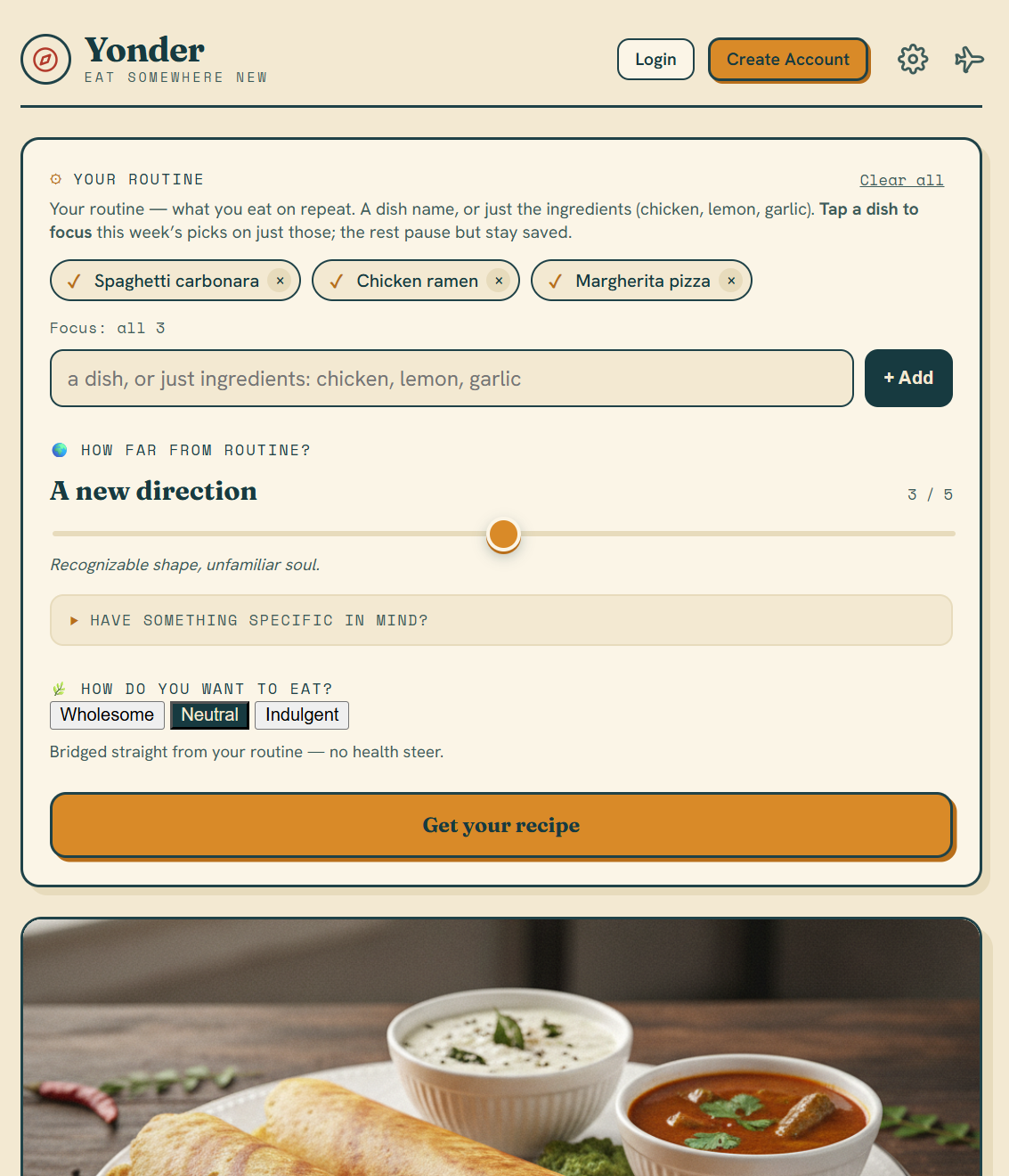The live Yonder app: a routine of Spaghetti carbonara, Chicken ramen, and Margherita pizza; a 'how far from routine' distance dial set to 3; mood and get-your-recipe controls.